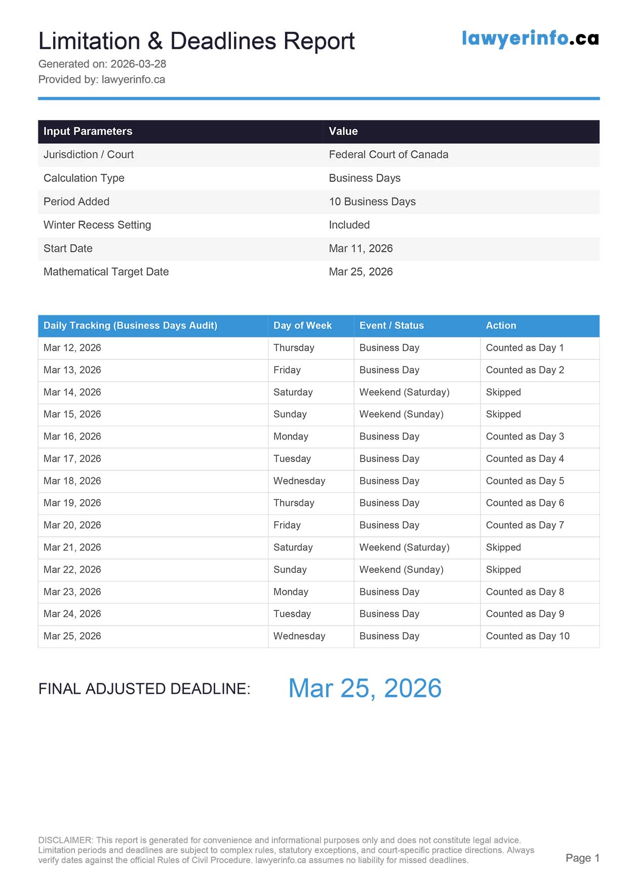 Sample Deadlines Calculation